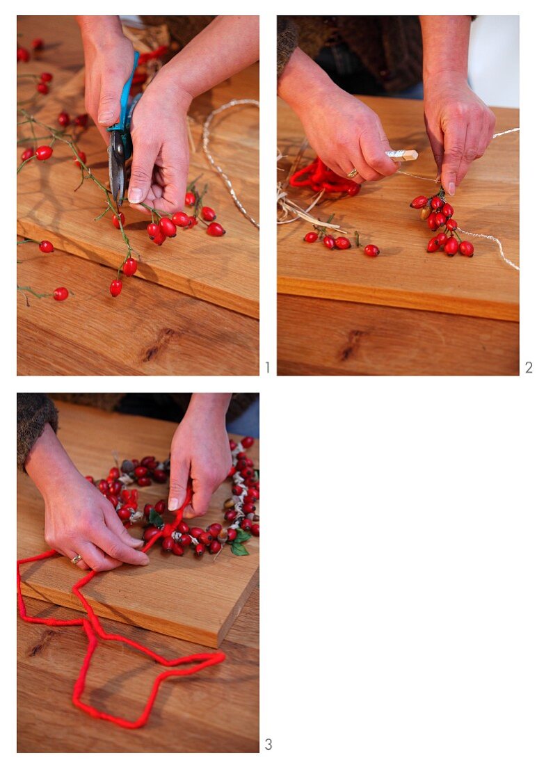 Hand-crafting a heart-shaped wreath of rosehips