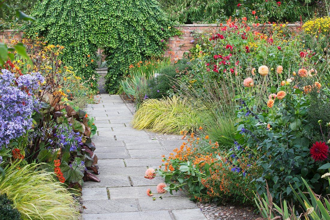 Verschiedenfarbige Blumen entlang dem gepflastertem Weg in englischem Garten mit Ziegelmauer
