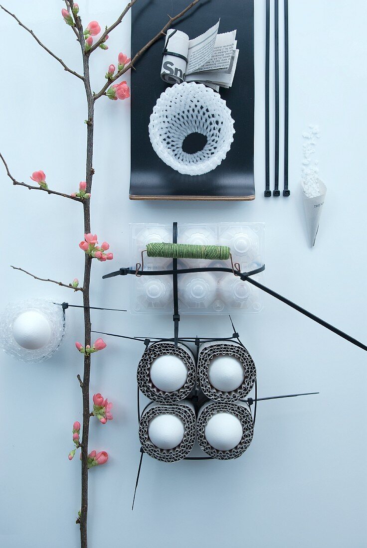 Abstract arrangement with cable ties, eggs and flowering branch