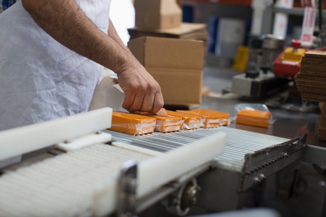 Mann an Verpackungsmaschine für veganen Käse (USA)