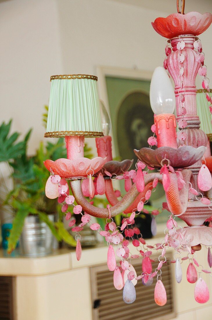 Pink, shabby chic chandelier with small lampshades