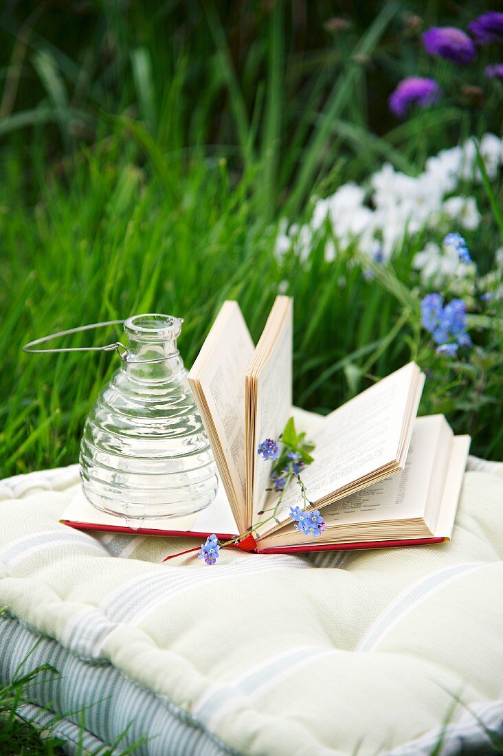 Wasp trap and flowers on open book on cushion amongst grass
