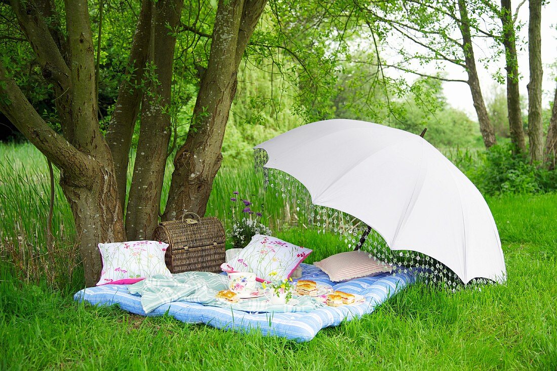 Picknickdecke mit Proviant und Geschirr, daneben aufgespannter Schirm unter einem Baum