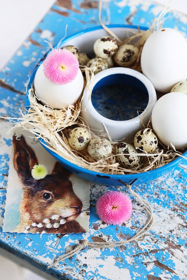 Easter nest with straw, eggs and daisies