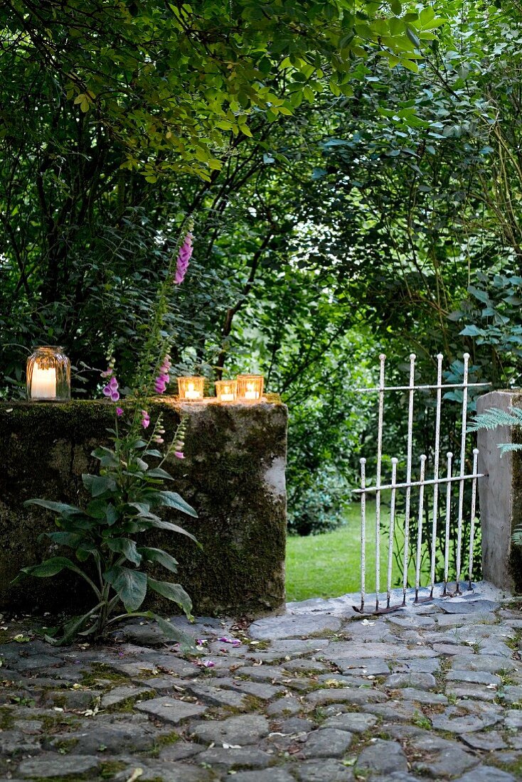 Terrace with lanterns on low, mossy wall with white metal gate leading to densely planted garden