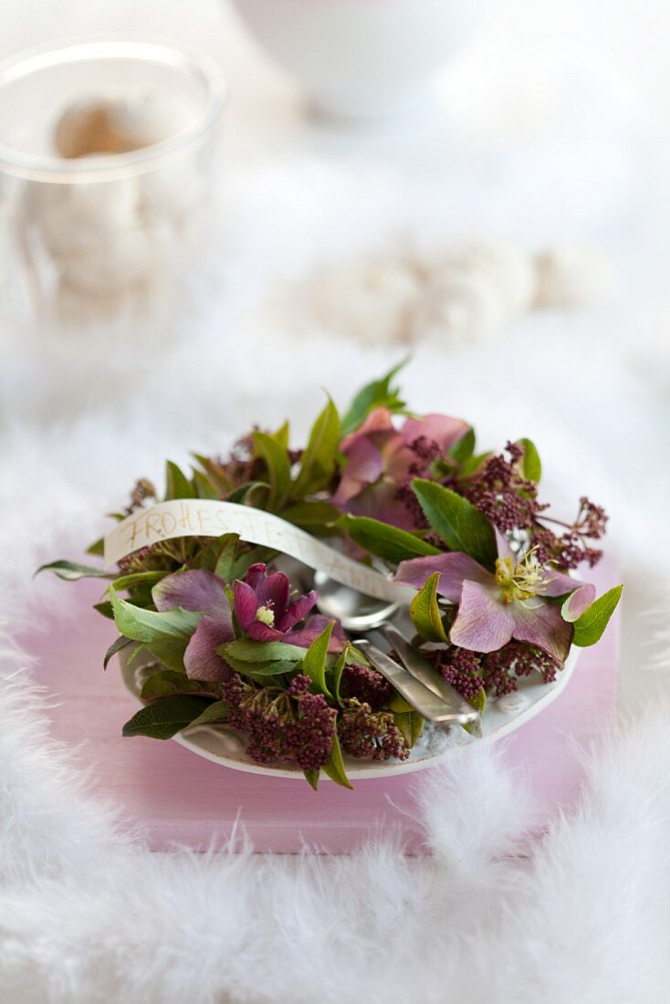 Wreath of hellebores as festive centrepiece