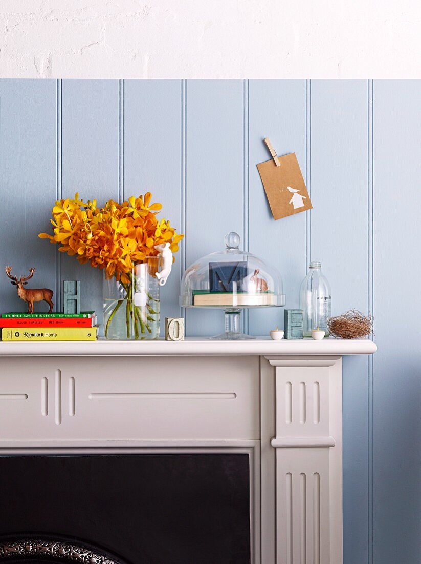 Vase, glass cover, books & other ornaments on mantelpiece against pastel blue, wood-clad wall