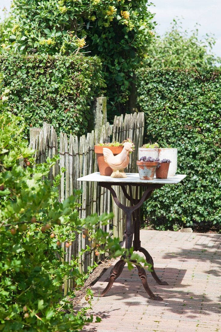 Töpfe und Keramikhahn auf Tisch mit alten Eisengestell im Garten, dahinter ein Staketenzaun