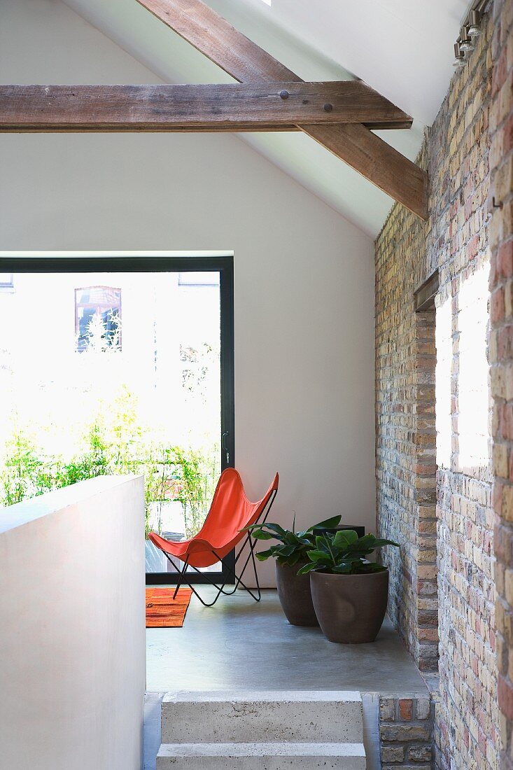 Blick in Zimmerecke auf Butterfly Sessel und Pflanzentöpfe in renoviertem Ambiente mit rustikalem Flair