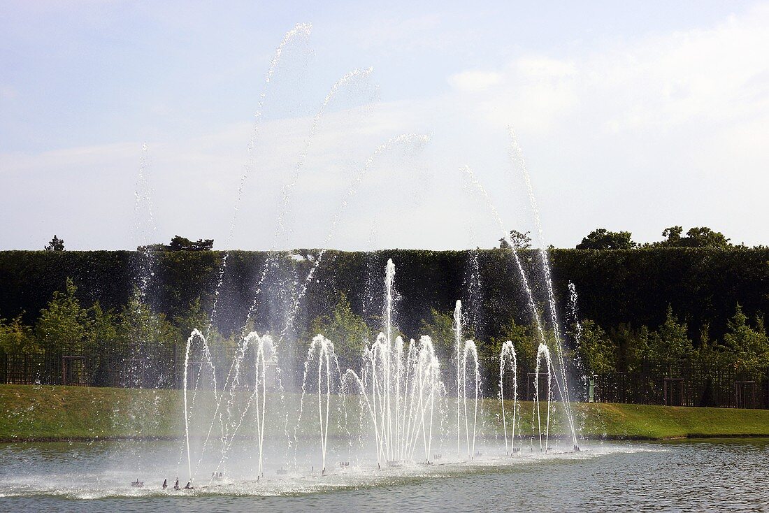 Becken mit Wasserfontänen im Versailler Schlosspark