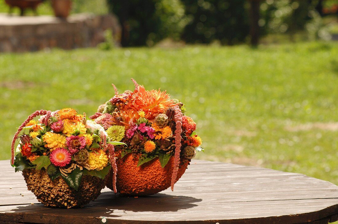 Herbstliche Blumengestecke in mit Linsen beklebten Styroporschalen auf Holztisch im Freien