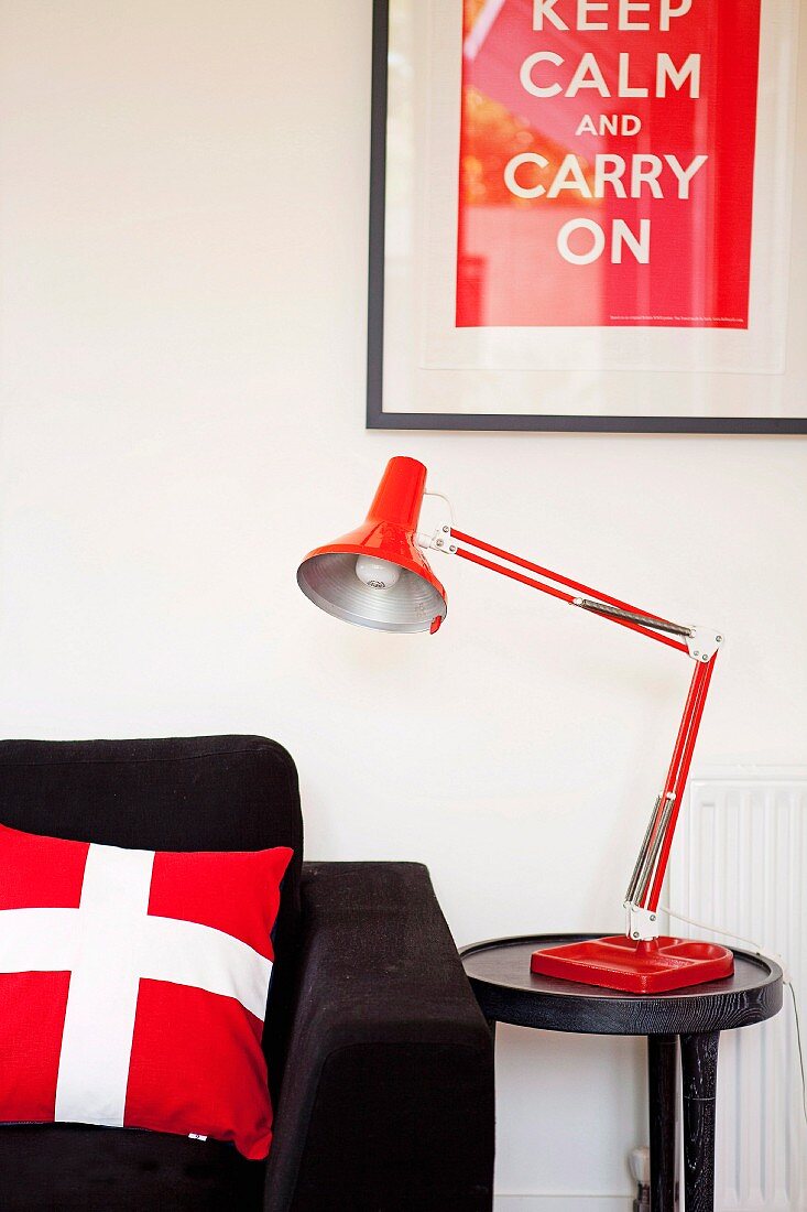 Red and white accessories combined with black sofa - Swiss flag scatter cushion and framed poster with motto above side table and reading lamp