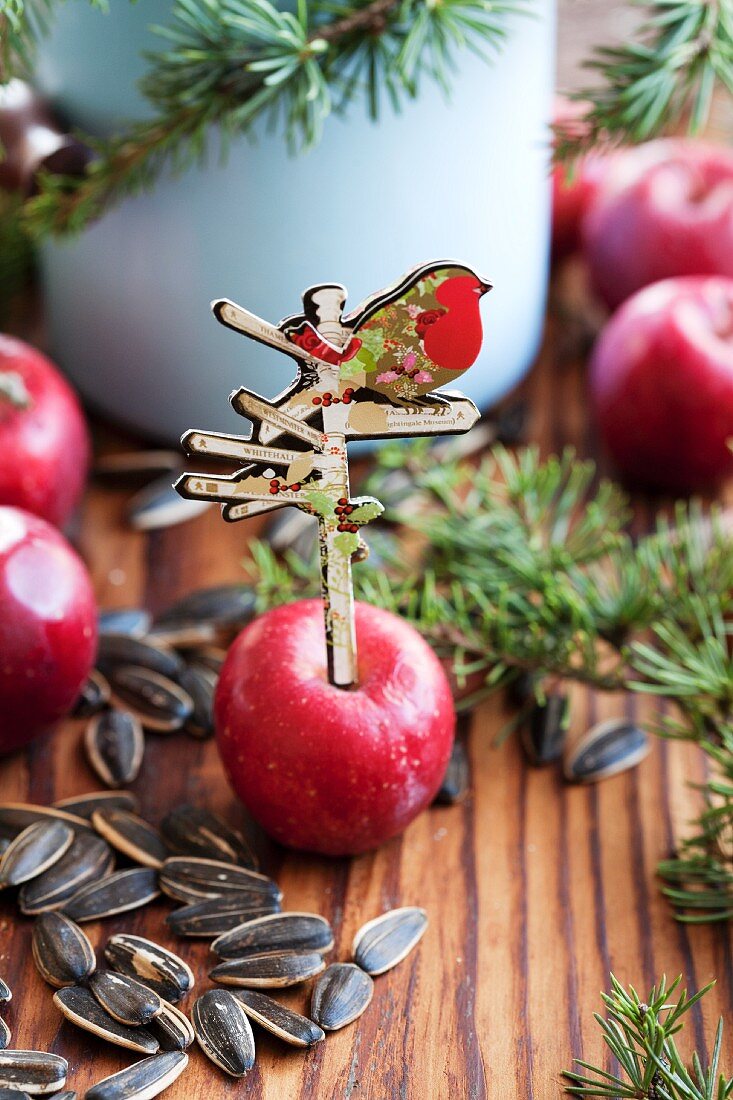 Apple with nostalgic signpost cut-out for feeding birds