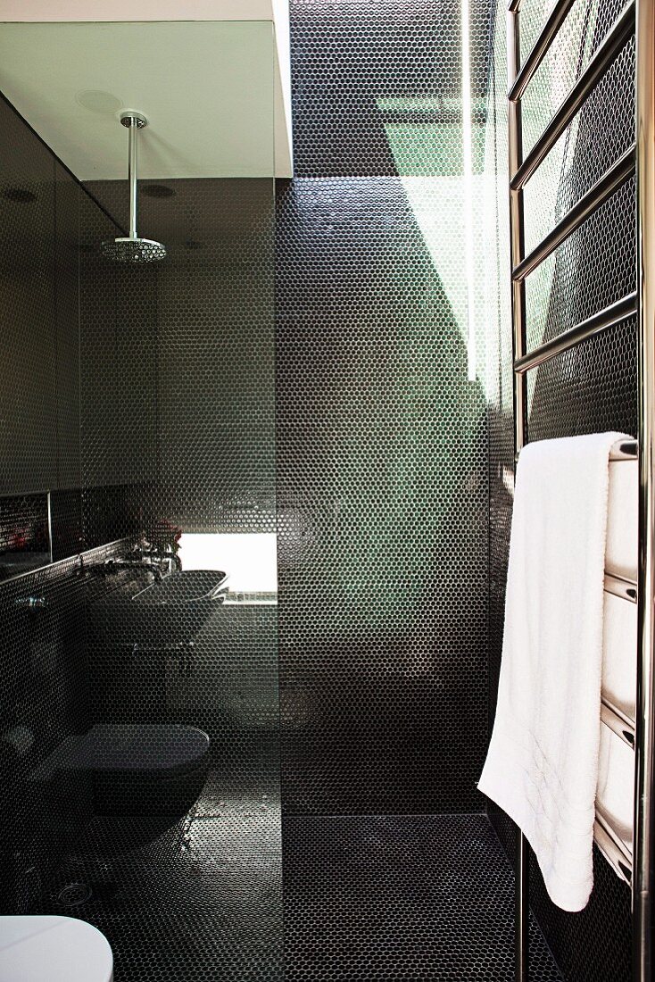 Black-tiled bathroom with shower area behind glass partition