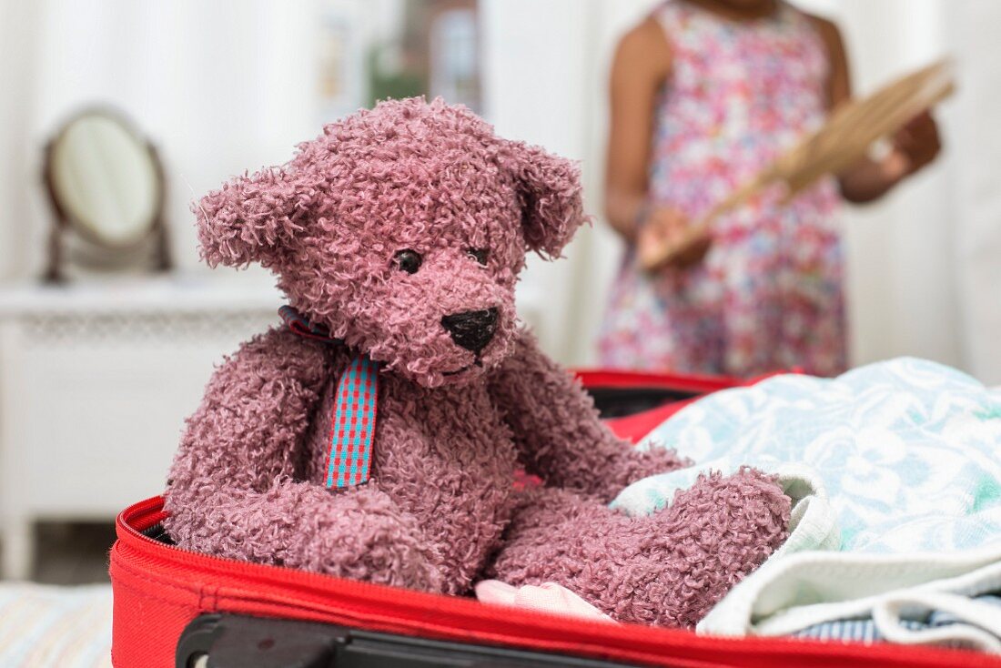 Teddy bear in open suitcase