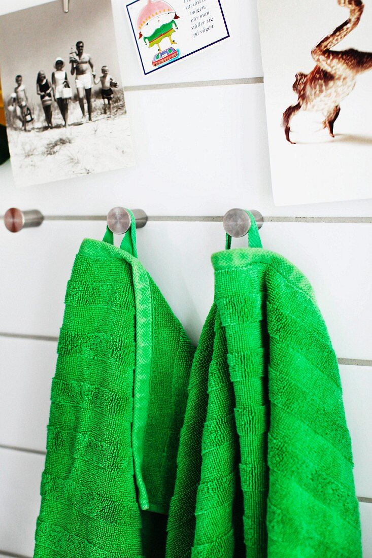 Green towels on stainless steel wall hooks below photos on wall