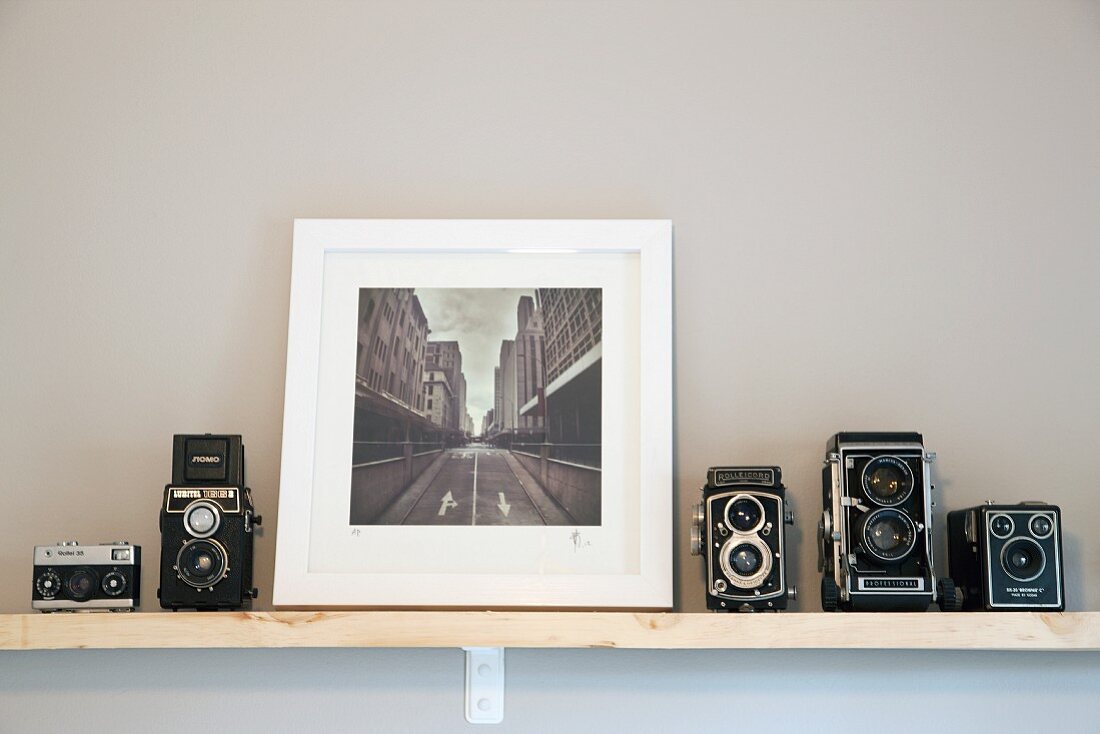 Black and white cityscape flanked by collection of old cameras on wall-mounted shelf