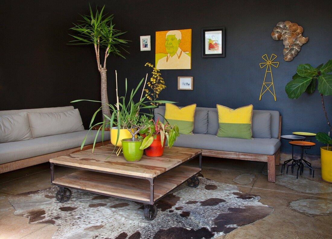 Plants in bright pots on rustic coffee table on castors in front of couches with seat cushions against black walls