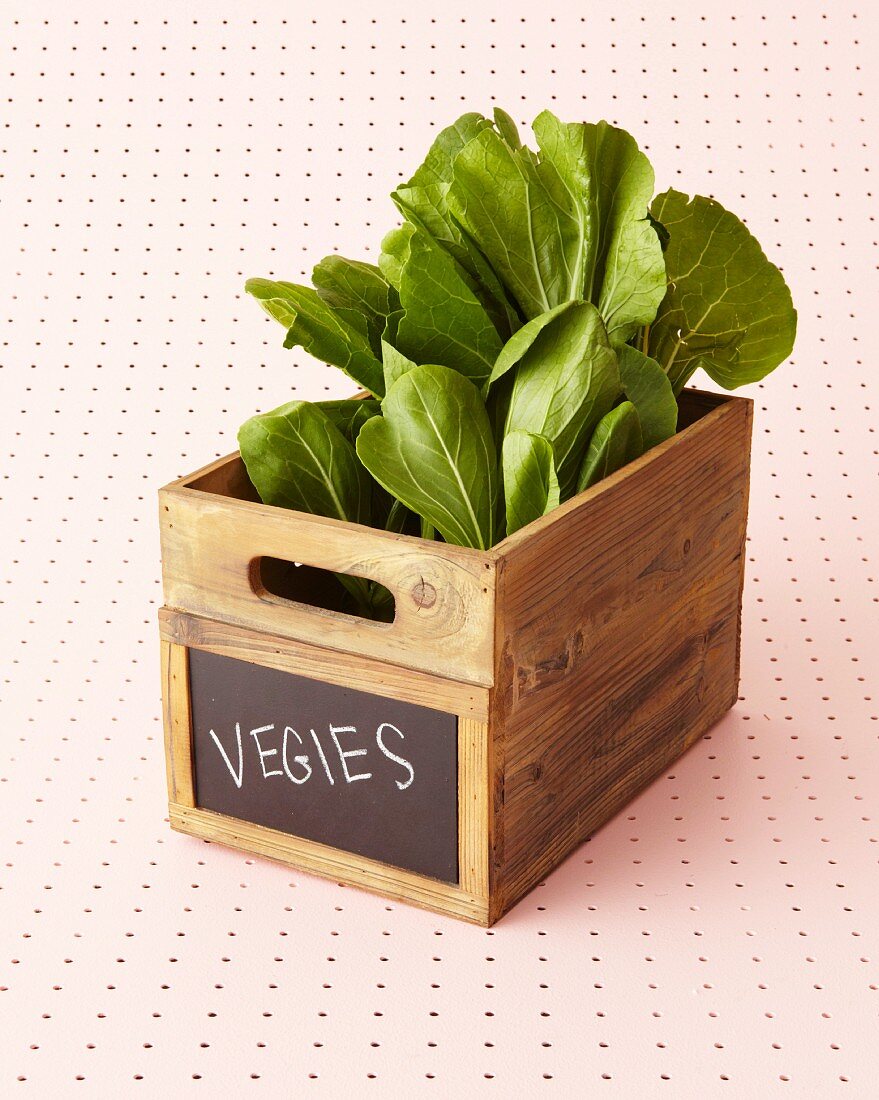 Lettuce in wooden crate with chalk sign on front standing on pink, perforated metal plate