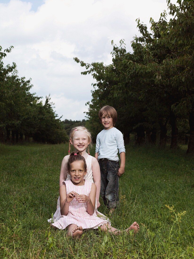 Drei Kinder auf der Wiese in landschaftlicher Umgebung