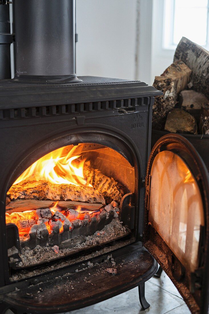 Wood-burning stove with open door