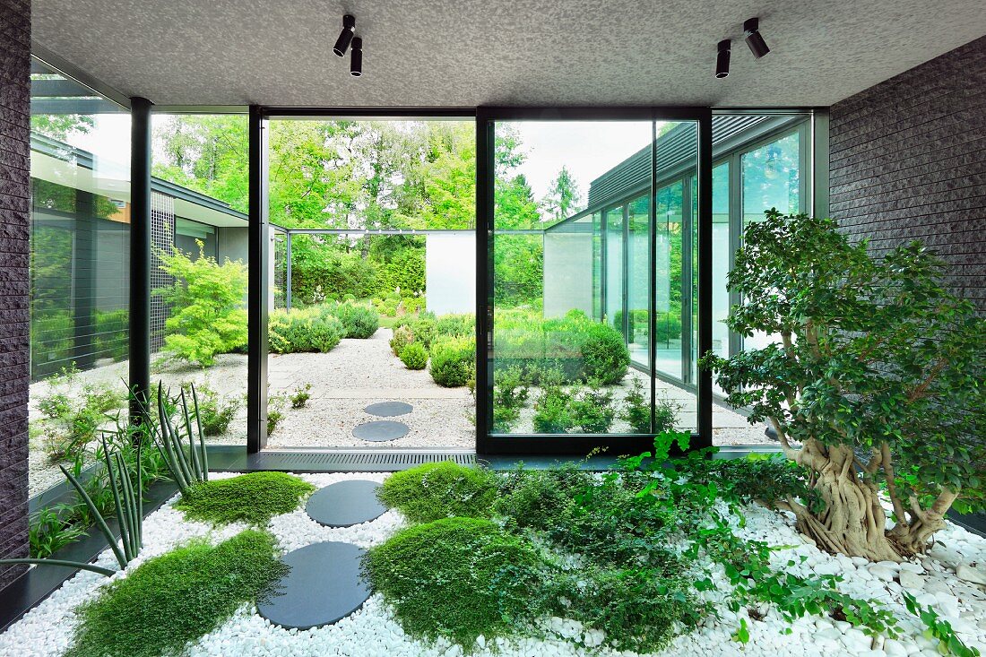 Vorraum mit Indoor-Garten, Bodendecker und Baum zwischen Kieselstein Aufschüttung, vor Glasfassade mit Blick in Garten