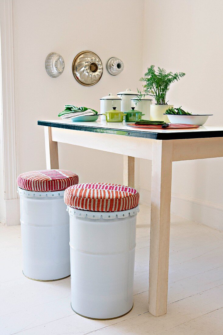 A kitchen table and two stools