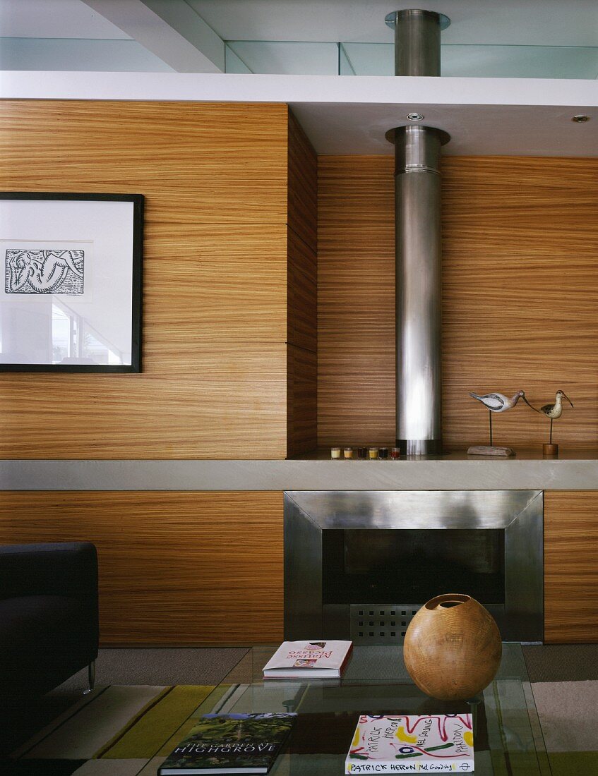 Wohnzimmerwand mit Holzverkleidung und eingebautem Kamin mit Edelstahl- und Glasfont