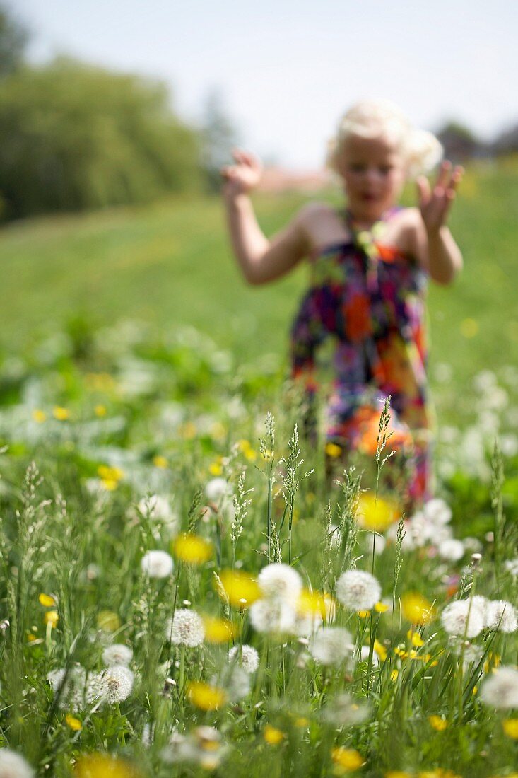 Little girl running through a summer meadow