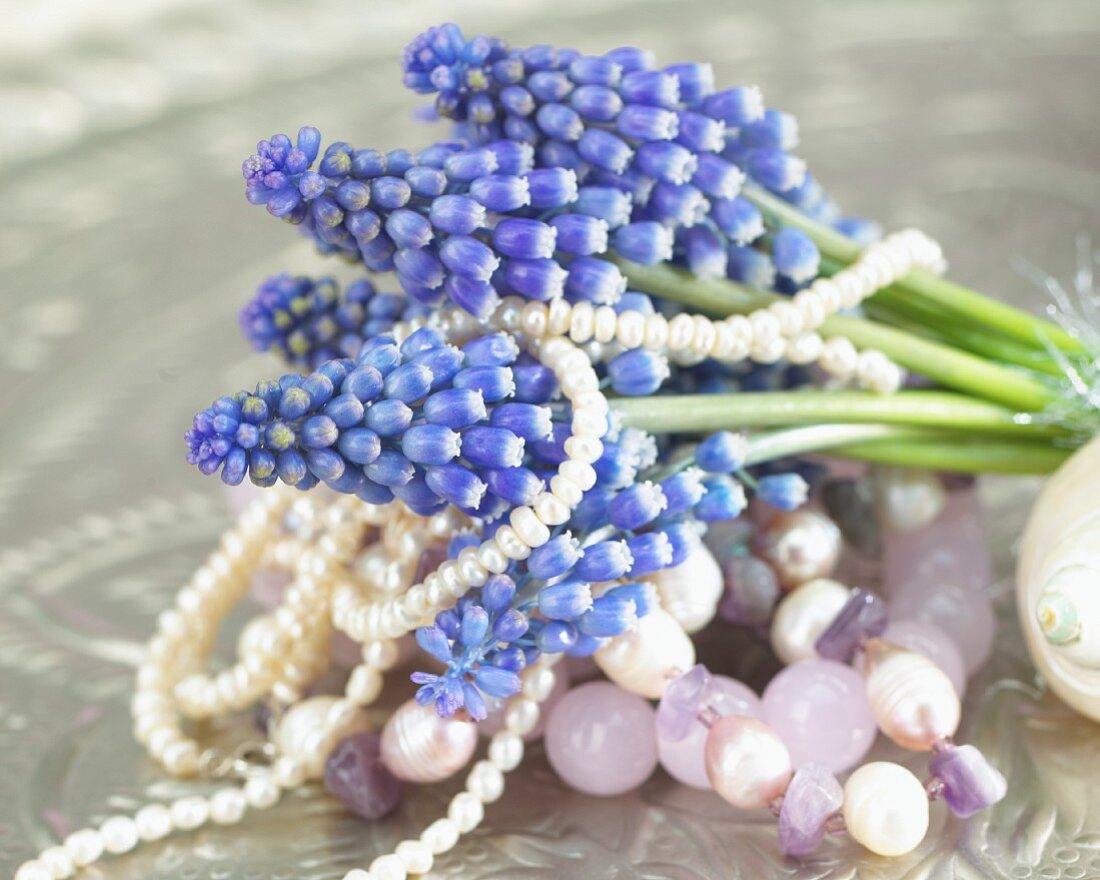 A bunch of grape hyacinths and jewellery in a bowl