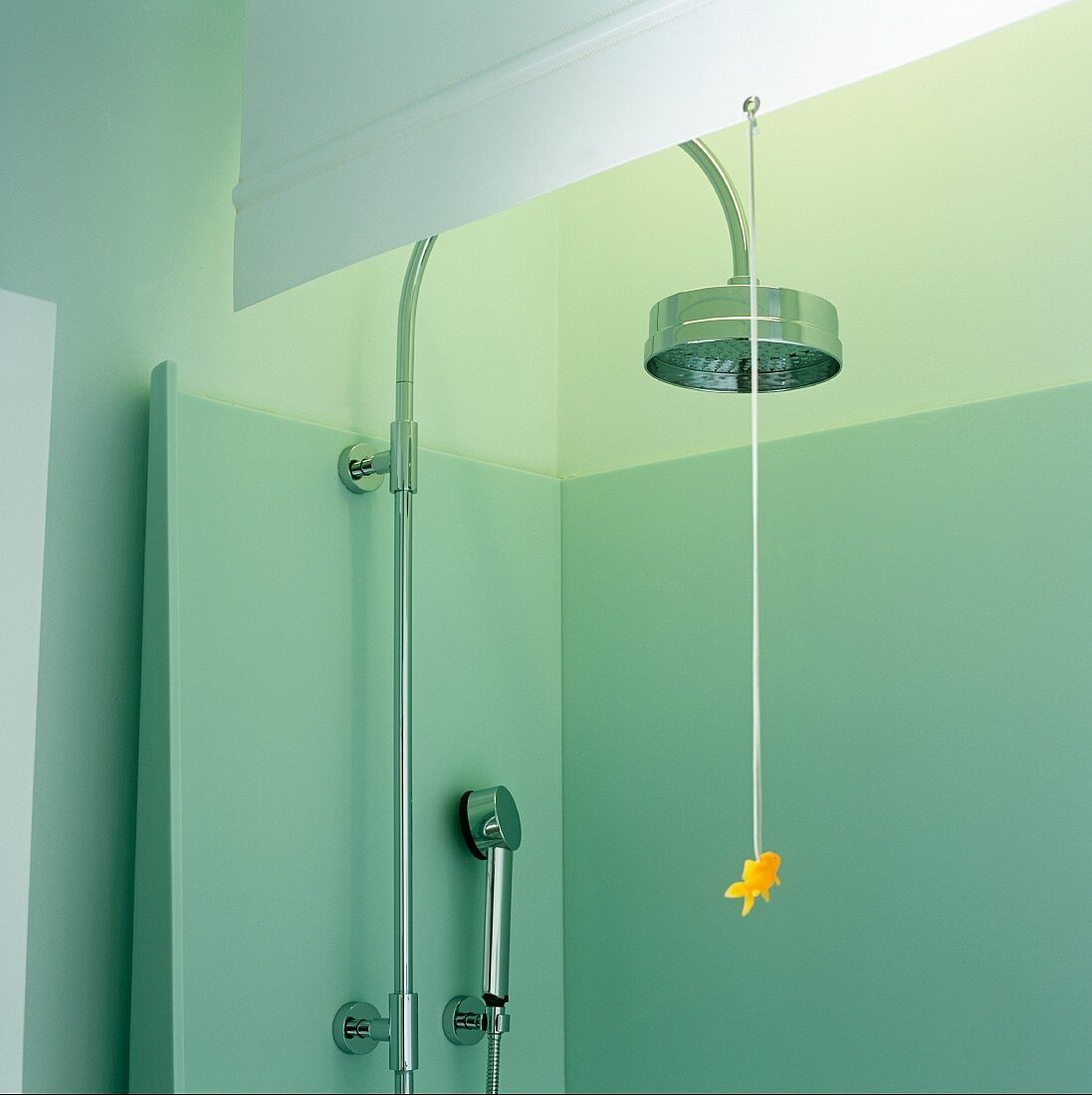 A shower cubicle with a wall-mounted and a hand-held shower head