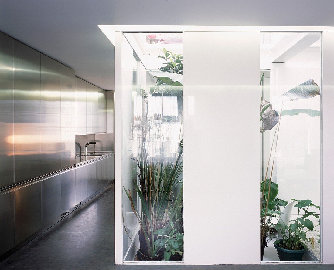 Plants in part-glazed stairwell next to reflective fronts of open-plan, stainless steel kitchen