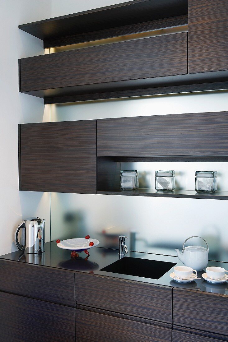 Dark wood shelving in front of glass wall in designer kitchen