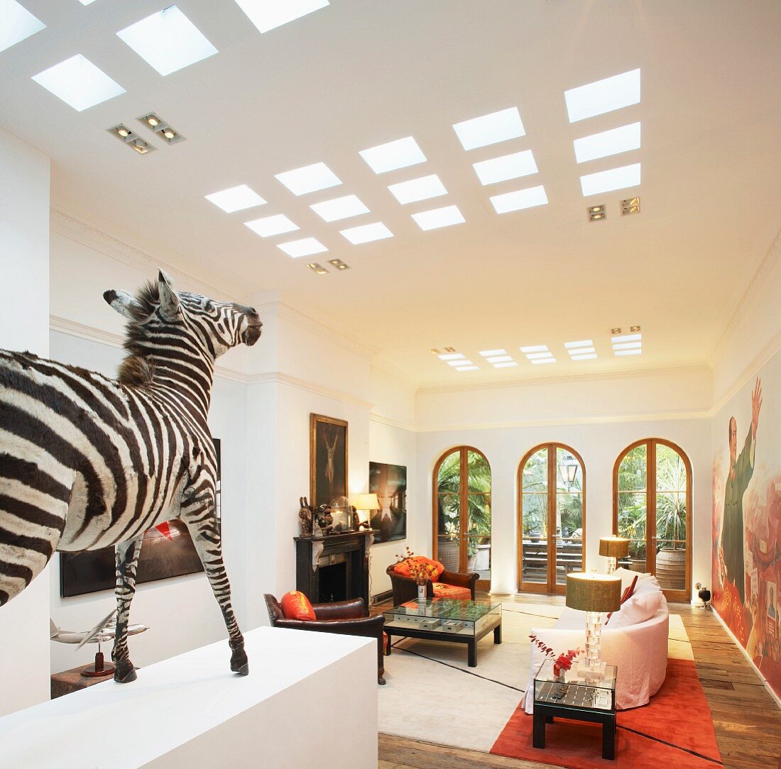 Animal trophy on pedestal in open-plan living room of villa