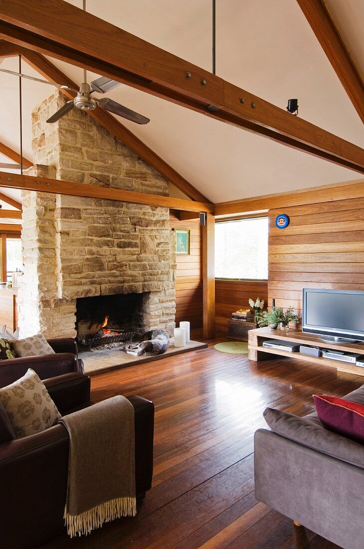 Living room with masonry fireplace