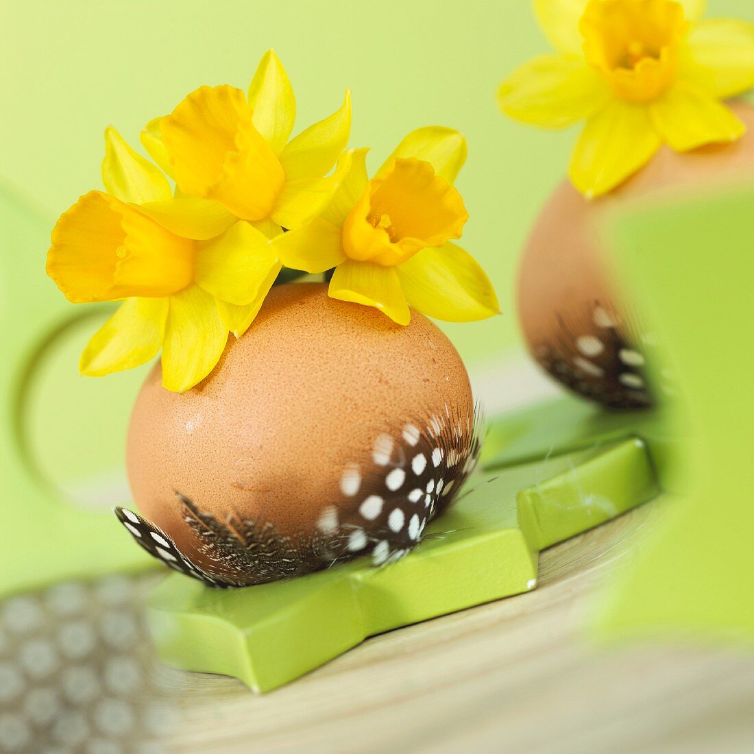 Österliche Tischdeko mit Eiern, Narzissenblüten & Federn