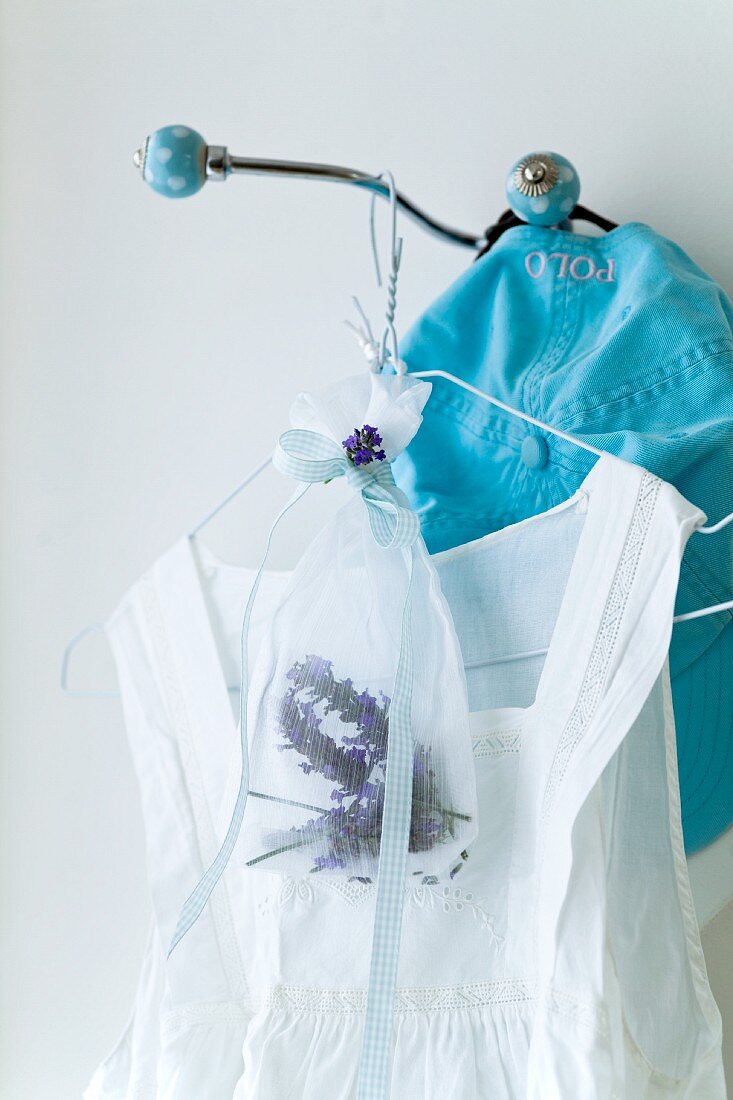 A scented lavender sack on a clothes hanger
