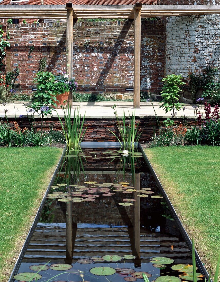 Angelegter Teich im Garten vor Terrasse mit Pergola