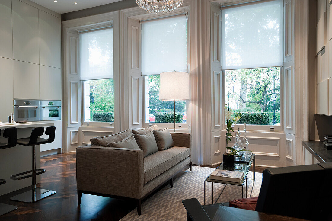 Bright living room with large windows, modern sofa and kitchen area