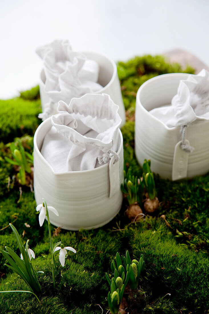 White porcelain pots with fabric bags on a bed of moss with spring flowers