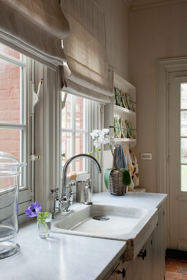 Simple kitchen counter below windows