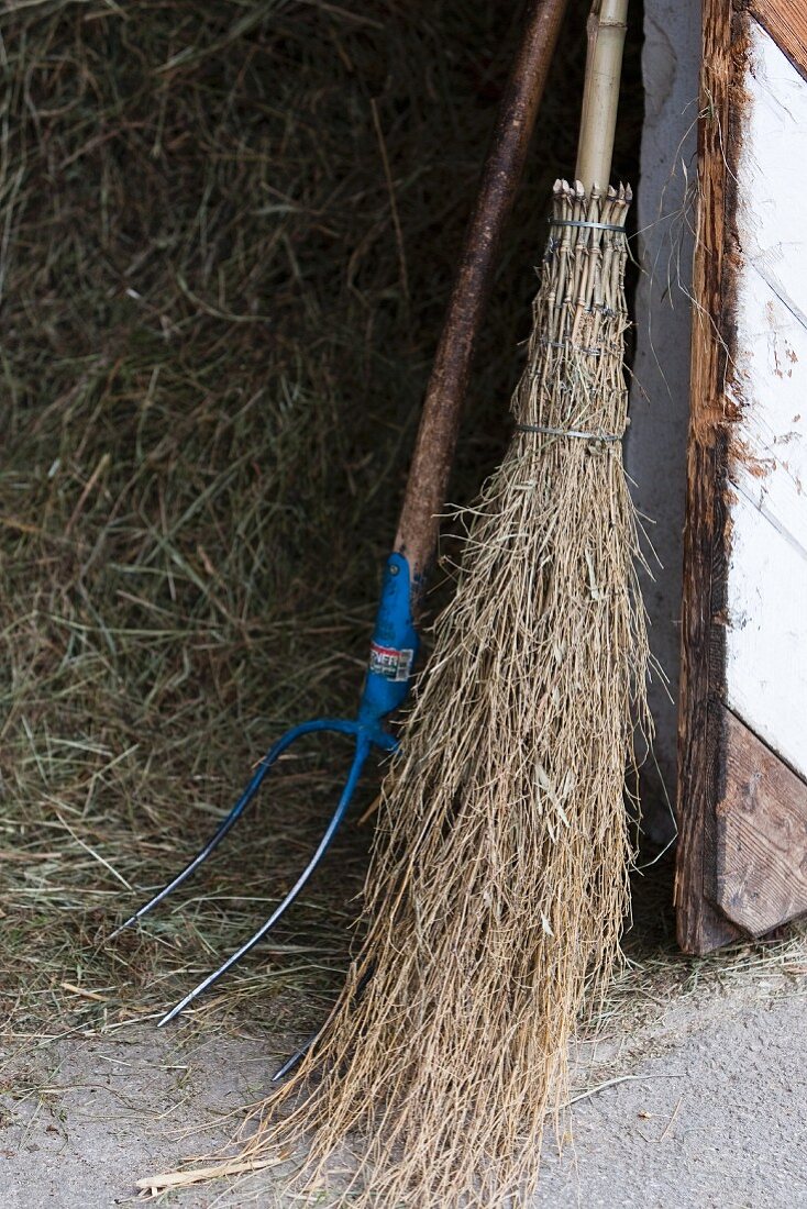 A broom and a muck rake in front of a pile of hay