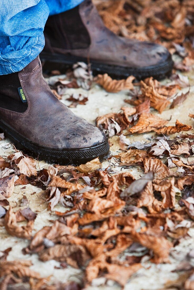 A person wearing garden shoes standing in autumnal leaves