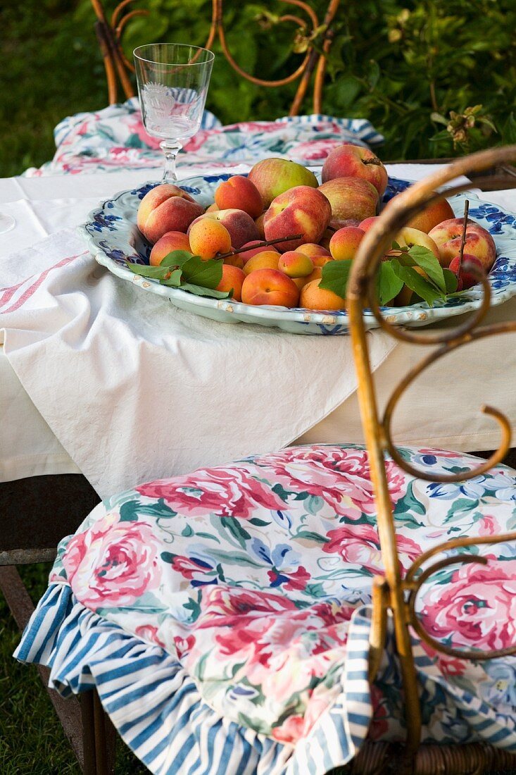 Porzellanplatte mit frischem Obst auf Gartentisch im Freien