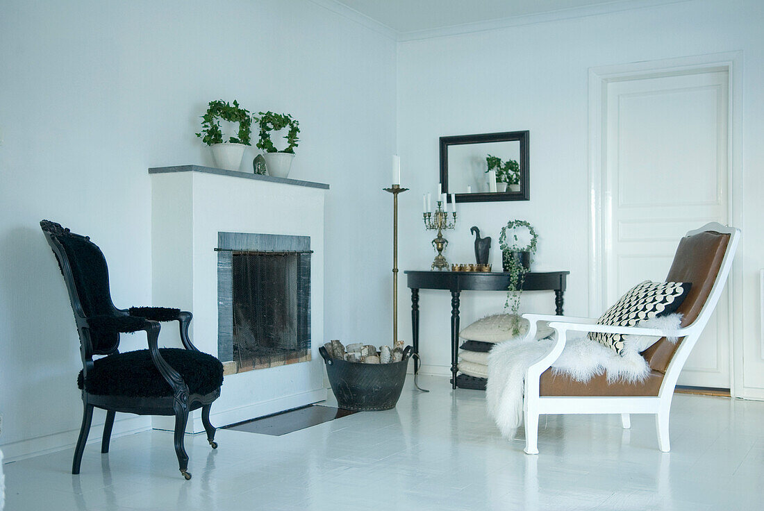 Living room with fireplace, black and white decor and plants on the mantelpiece