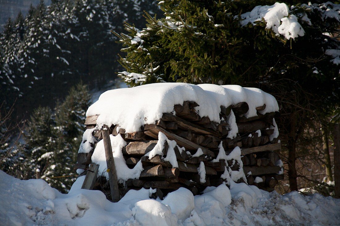 Ein schneebedeckter Holzstapel in einer Winterlandschaft