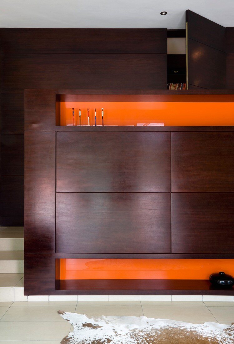 Modernes Wohnzimmer - Einbauschrank aus dunklem, exotischem Holz und schmalen Regalfächern mit orangefarbenen Rückwanden