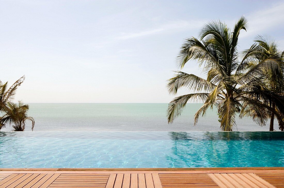 View of infinity pool in front of sea and palm trees from wooden deck