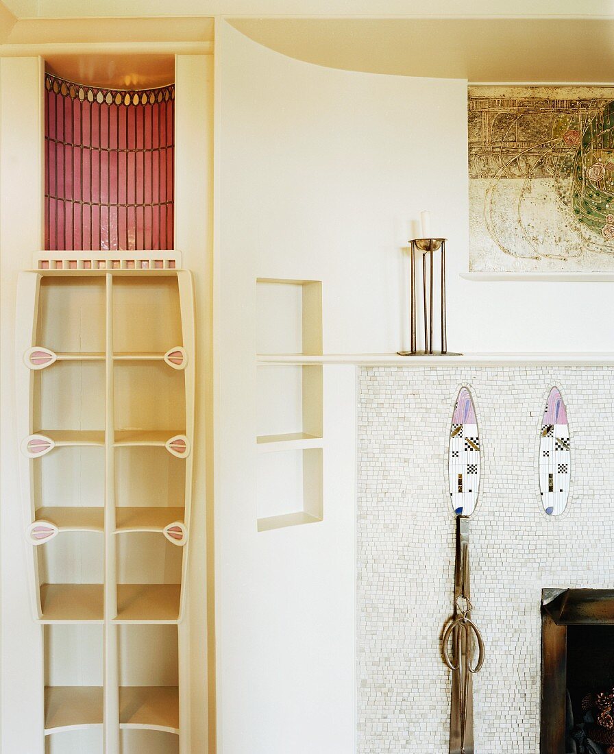 Niche with fireplace & shelving