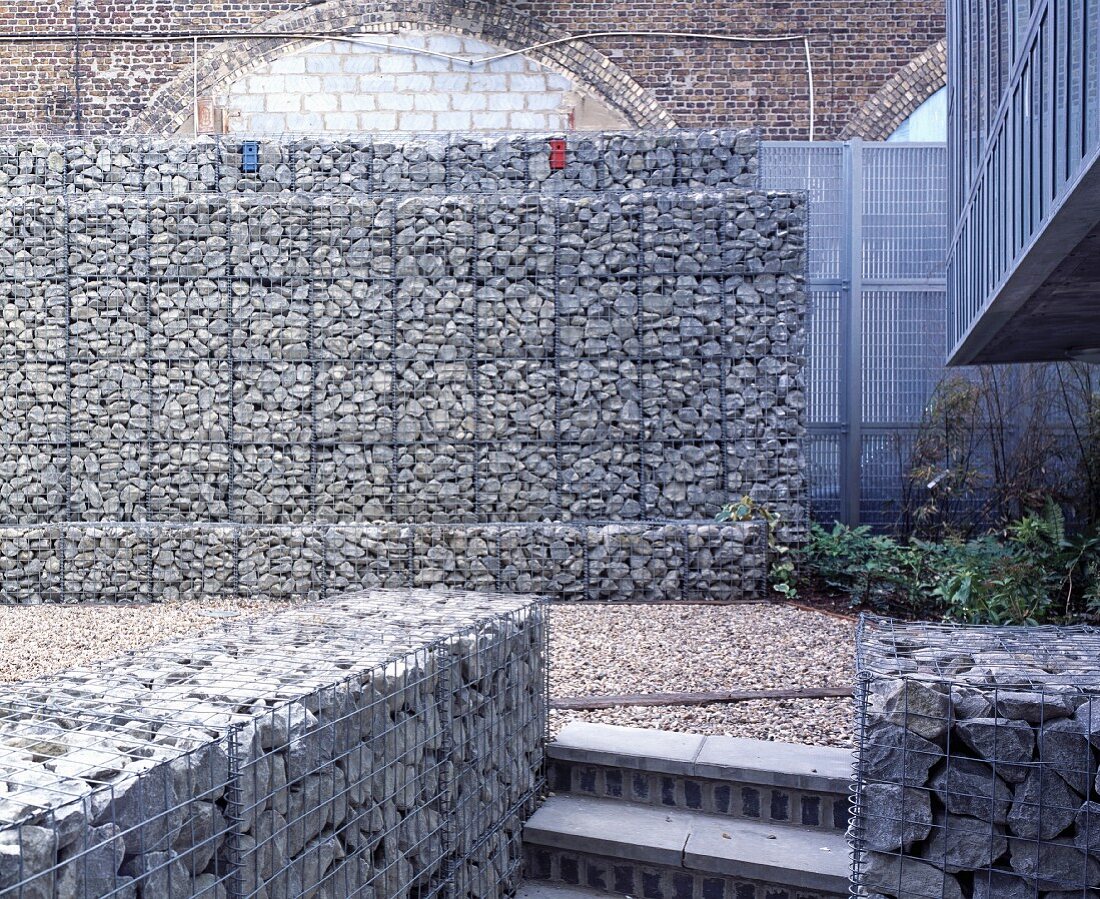 Courtyard with gabion wall
